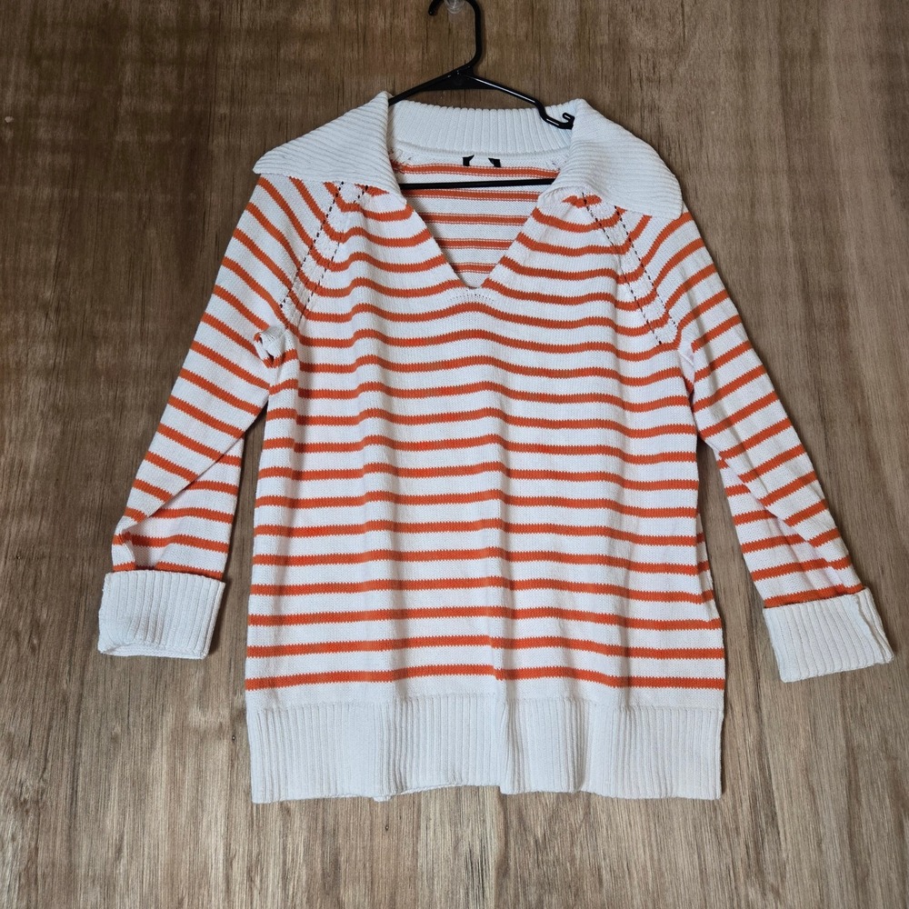 Coastal Orange White Striped V-Neck Polo Sweater Pointelle Knit Women Large L